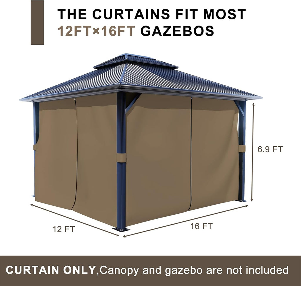 BPS 12' x 16' Gazebo Privacy Curtains with Double Zipper, 4-Panels Side Wall Universal Gazebo Side Panels Replacement for Patio, Outdoor Canopy, Garden and Backyard (Curtain Only)