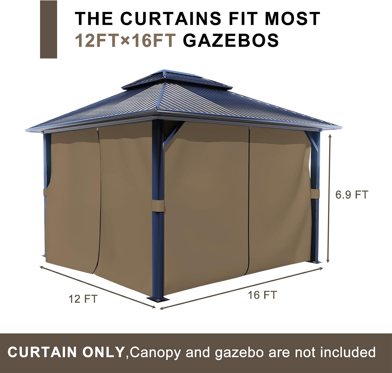 BPS 12' x 16' Gazebo Privacy Curtains with Double Zipper, 4-Panels Side Wall Universal Gazebo Side Panels Replacement for Patio, Outdoor Canopy, Garden and Backyard (Curtain Only)