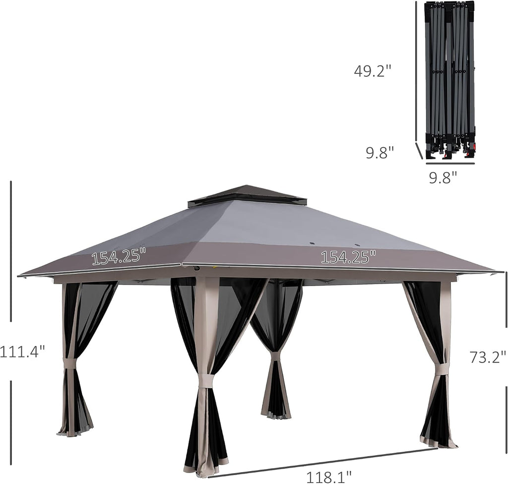 Outsunny 13' x 13' Pop Up Gazebo with Netting, UPF 50+ Instant Canopy Tent Shelter with Water/Sand Bags, Wheeled Carry Bag, for Outdoor, Garden, Parties, Light Gray