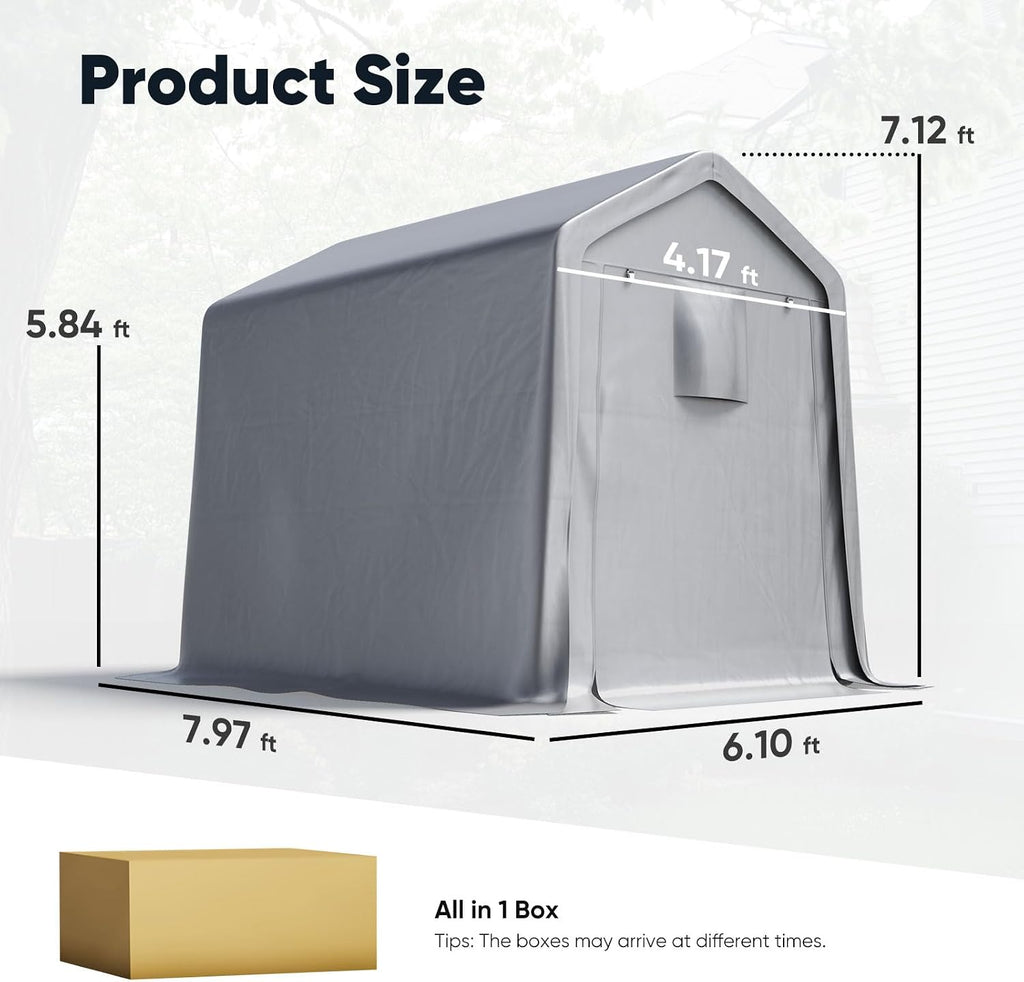 Quictent 6x8FT Garden Tool Shed Storage Shelter with Roll-Up Mesh Windows, Heavy Duty Portable Garage for Lawn Mower, Garden Tools Waterproof Storage Tent with Reinforced Frame, Sliver Gray