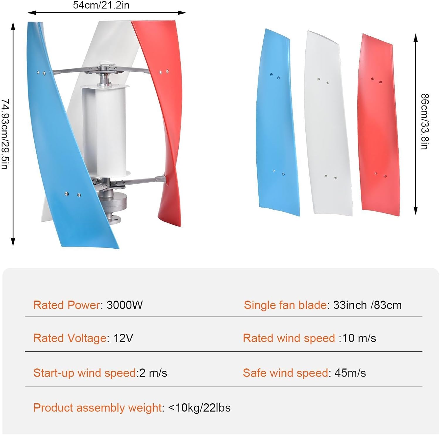 3000W Wind Turbine Generator Kit,12V/24V Vertical Axis Wind Turbine,Maglevs Winds Generator With Controller,Quiet 3 Leaves Small Household Windmill For Boats, Terraces, Cabins, Home,Industrial Energy