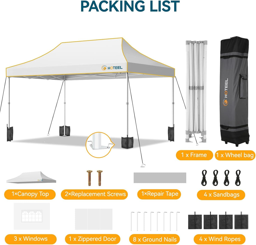 Hoteel 10x15 Pop Up Canopy Tent Heavy Duty with 4 Sidewalls, Waterproof Party Tent, Easy Set-up Commercial Instant Tents with Roller Bag & Sandbags, Hexagonal Leg (1-Year Warranty)