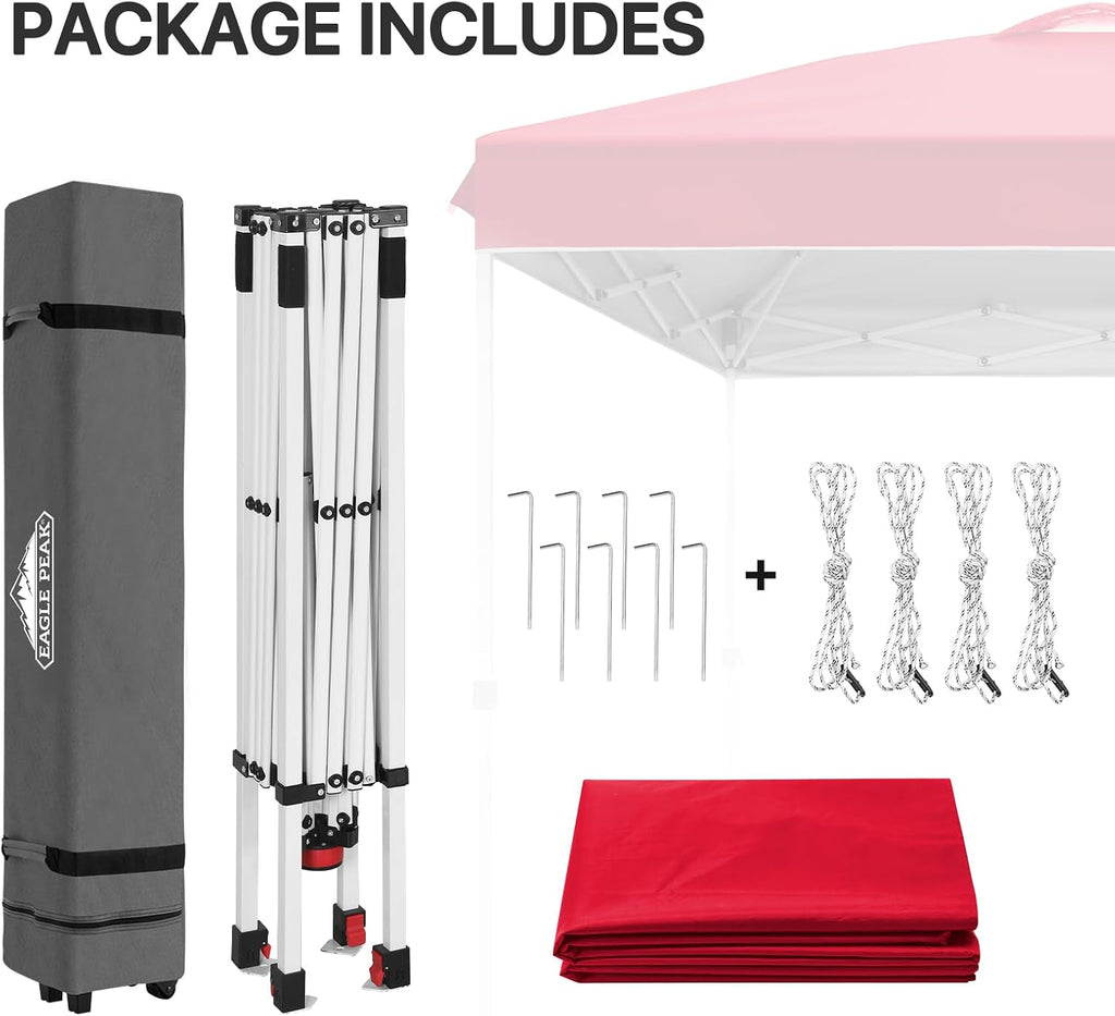 EAGLE PEAK Pop Up Canopy Tent with Wheeled Carry Bag, 8 Stakes, 4 Ropes, Easy Set Up Tent Canopy, 8x8 ft, Red