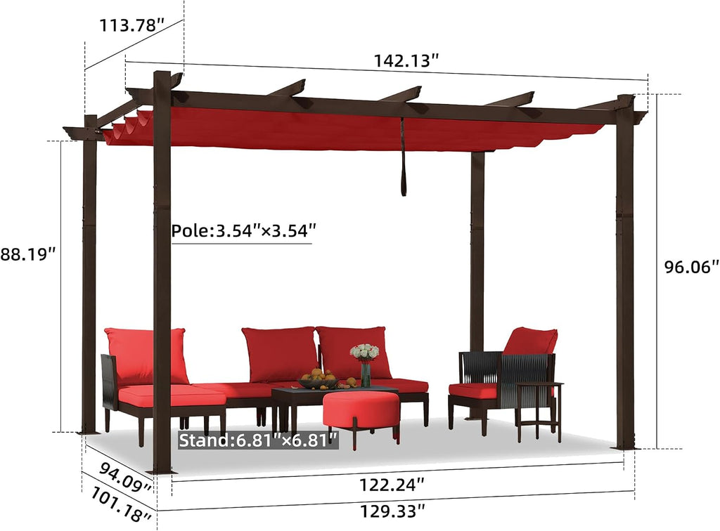 PURPLE LEAF Pergola 10' X 12' Outdoor Retractable Metal Pergola with Canopy for Patio Garden Yard Pavilion Grill for Beach Deck Gazebo, Terra