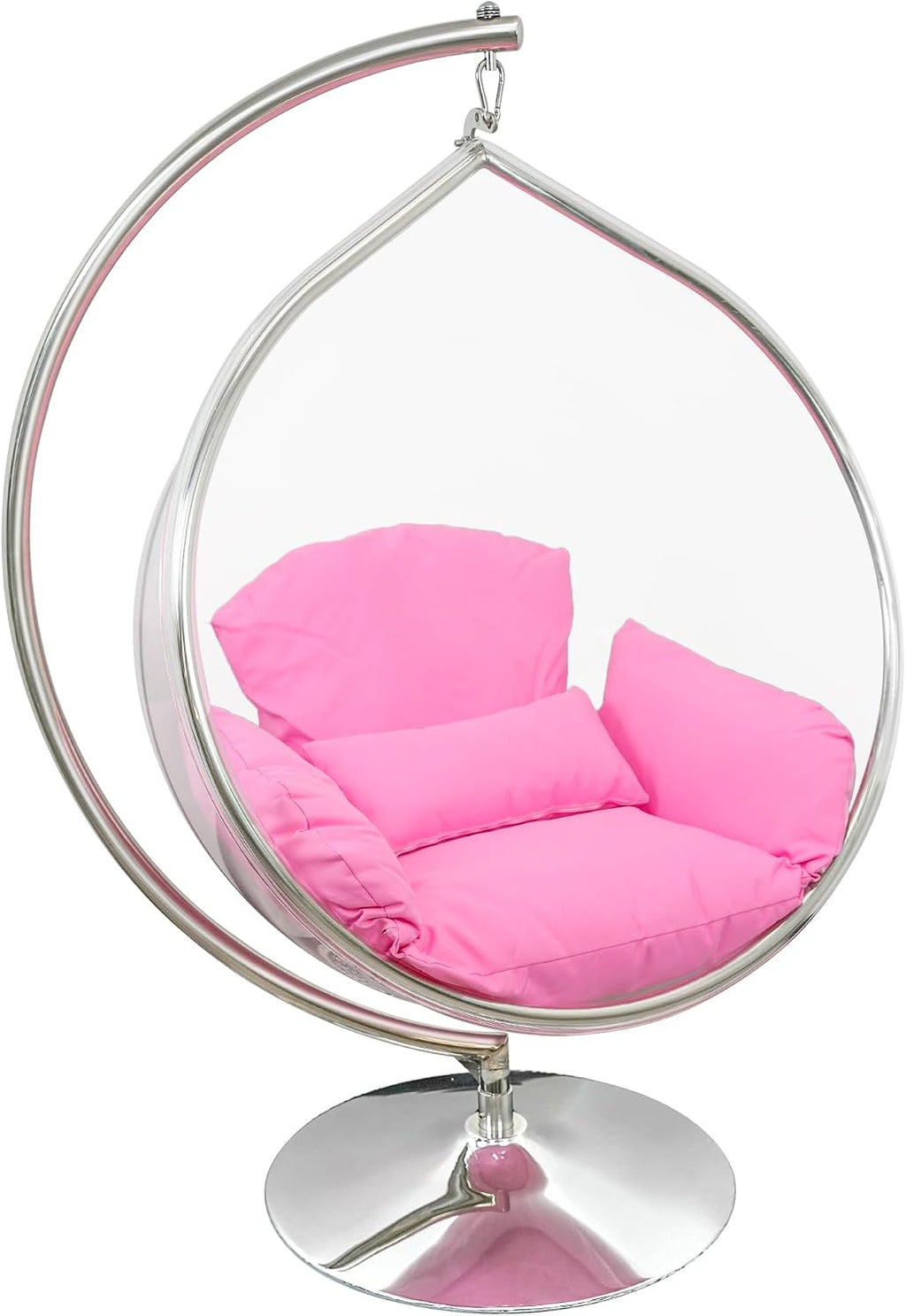Hanging Chair - Transparent Acrylic Bubble, Waterdrop Shape, Indoor Swing Chair with Gold/Chrome Stand, Durable Fabric Cushion - Luxury Accent for Living Room, Bedroom (Chrome/Pink)
