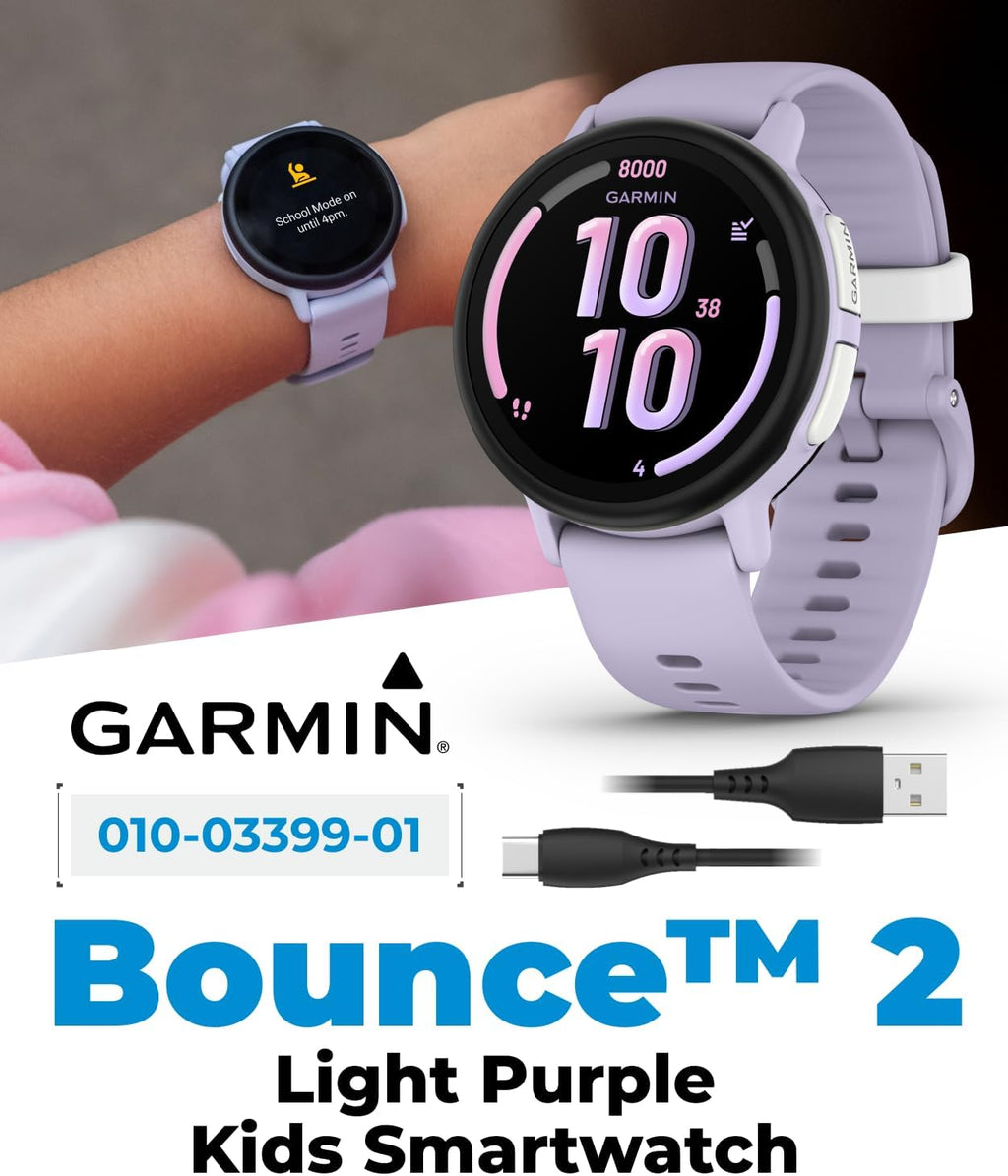 Garmin Bounce 2 Kids Smartwatch with LTE – Two-Way Calling, Text Messaging, Real-Time GPS Tracking, Swim-Friendly AMOLED Display, Music, Light Purple w/Wearable4U White Earbuds Bundle