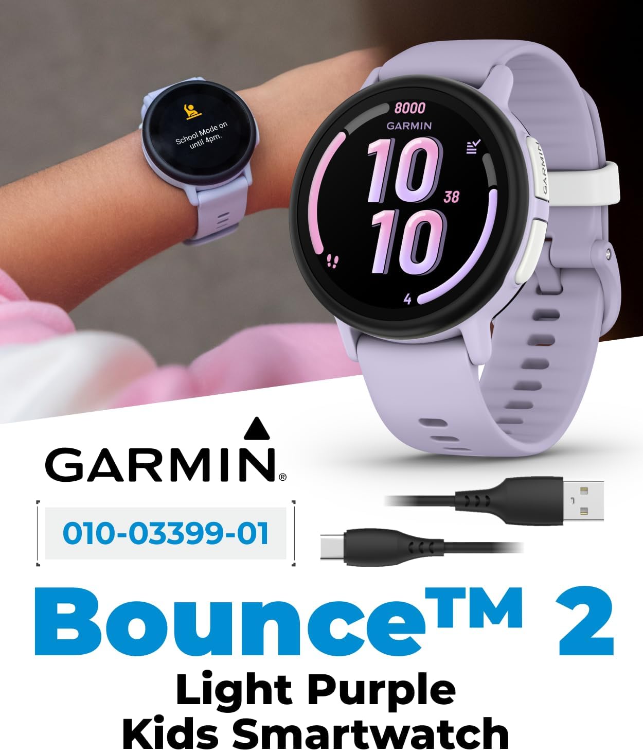 Garmin Bounce 2 Kids Smartwatch with LTE – Two-Way Calling, Text Messaging, Real-Time GPS Tracking, Swim-Friendly AMOLED Display, Music, Light Purple w/Wearable4U White Earbuds Bundle