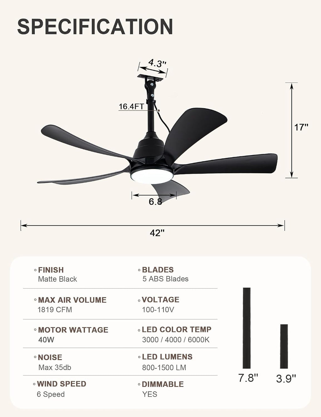 42 Inch Waterproof Outdoor Ceiling Fans with Lights Gazebo Fan for Outdoor Hanging DC Motor 6-Speed Reversible Timer 3 Color Dimmable LED Light Plug-in Ceiling Fan Outside for Patios Porch