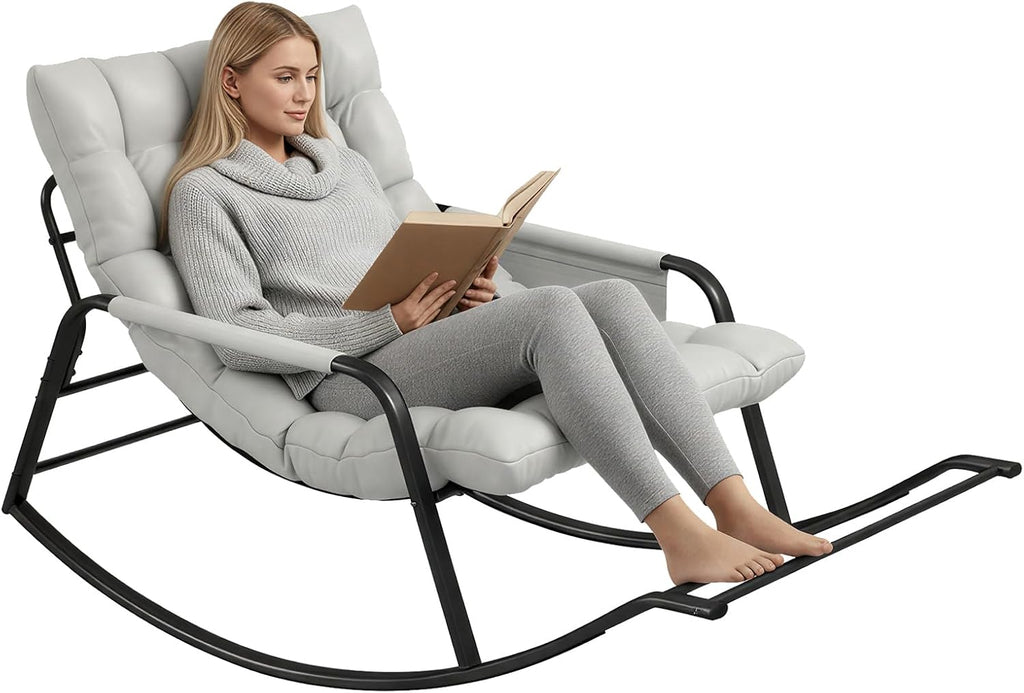 Oversized Indoor Rocking Chair, Plush Papasan Chair with Comfy Padded Cushions & Side Pocket, for Patio Garden, Porch, Lounge, Outdoor, Beige