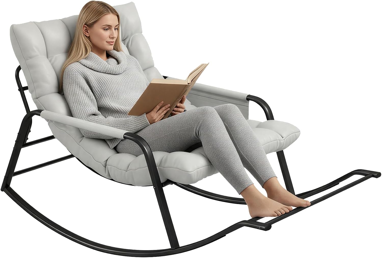 Oversized Indoor Rocking Chair, Plush Papasan Chair with Comfy Padded Cushions & Side Pocket, for Patio Garden, Porch, Lounge, Outdoor, Beige