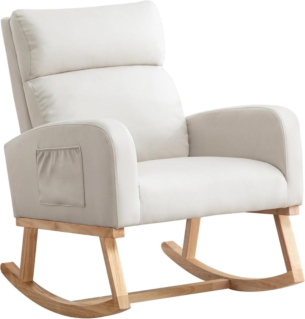Rocking Chair Nursery, Uplostered Leather Rocker Nursing Chairs with Wood Legs and Side Pocket, Comfortable Glider Roking Chair for Nursery, Living Room, Bedroom, Leather Beige