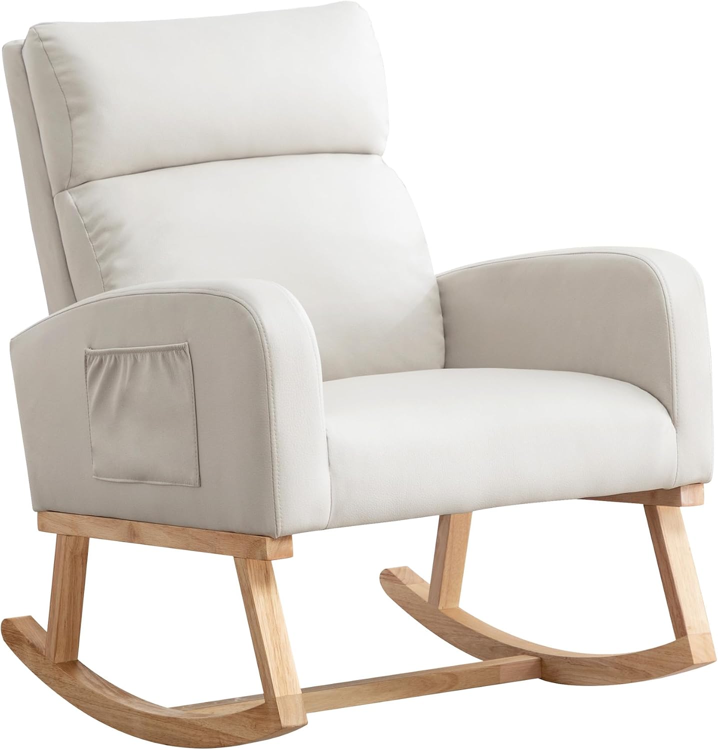 Rocking Chair Nursery, Uplostered Leather Rocker Nursing Chairs with Wood Legs and Side Pocket, Comfortable Glider Roking Chair for Nursery, Living Room, Bedroom, Leather Beige