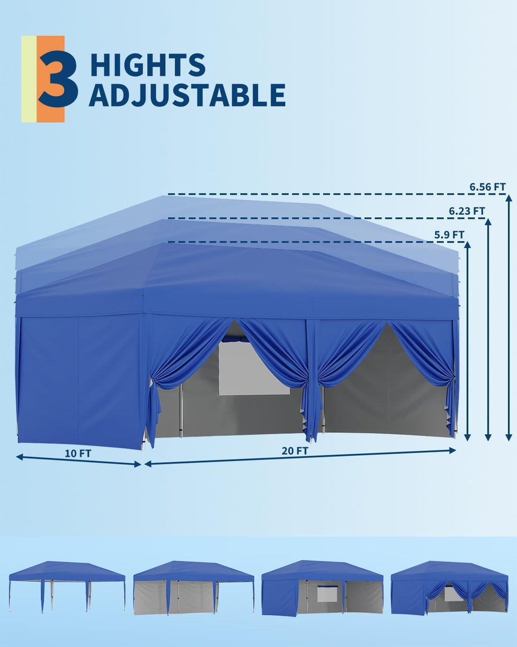 10X20 Ft Instant Pop-Up Canopy Tent-1-Push Setup Heavy Duty Portable Gazebo w/ 4 Weight Bags, Roller Bag & Full Accessory Kit | Waterproof Wind Resistant for Outdoor Events, Markets, Camping,Blue