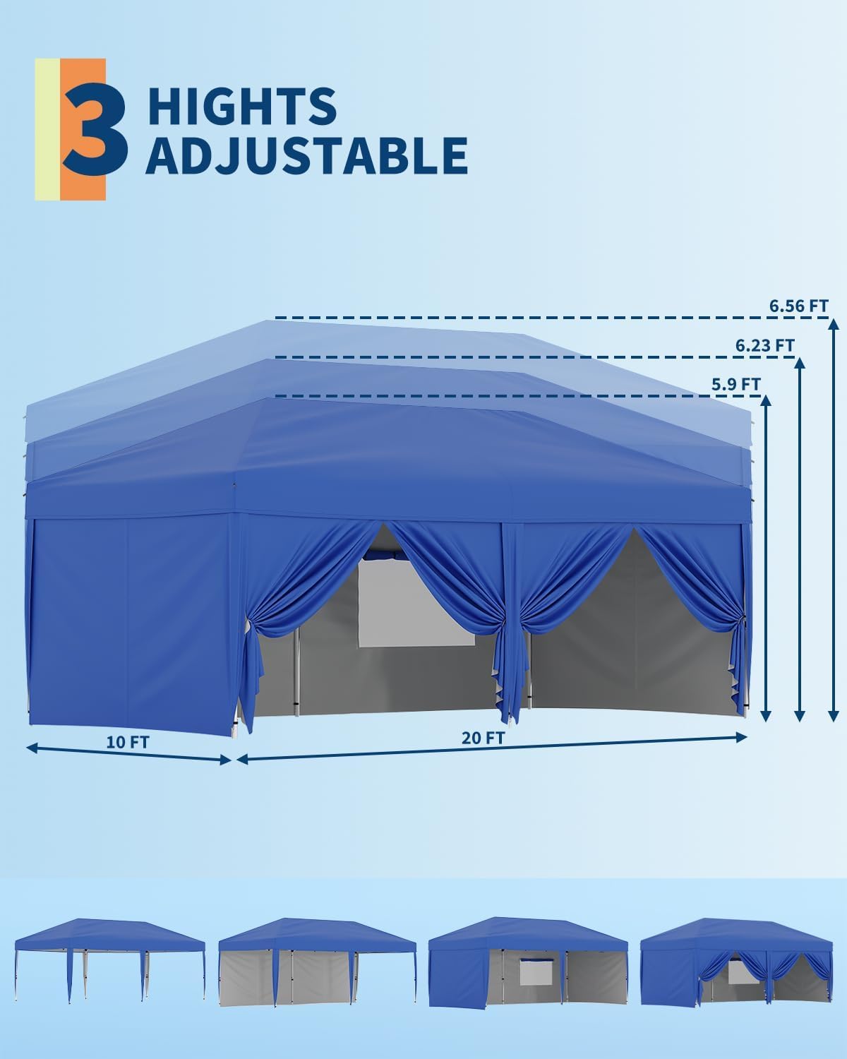 10X20 Ft Instant Pop-Up Canopy Tent-1-Push Setup Heavy Duty Portable Gazebo w/ 4 Weight Bags, Roller Bag & Full Accessory Kit | Waterproof Wind Resistant for Outdoor Events, Markets, Camping,Blue