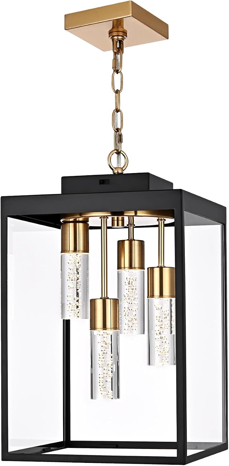 MELUCEE 15.7 Inch Outdoor Pendant Light 5 Color Dimmable LED Exterior Lantern Hanging Light Ceiling Mount with Clear Glass, Black Outside Chandelier for Porch Garage Gazebo Patio, Built-in LED Chips