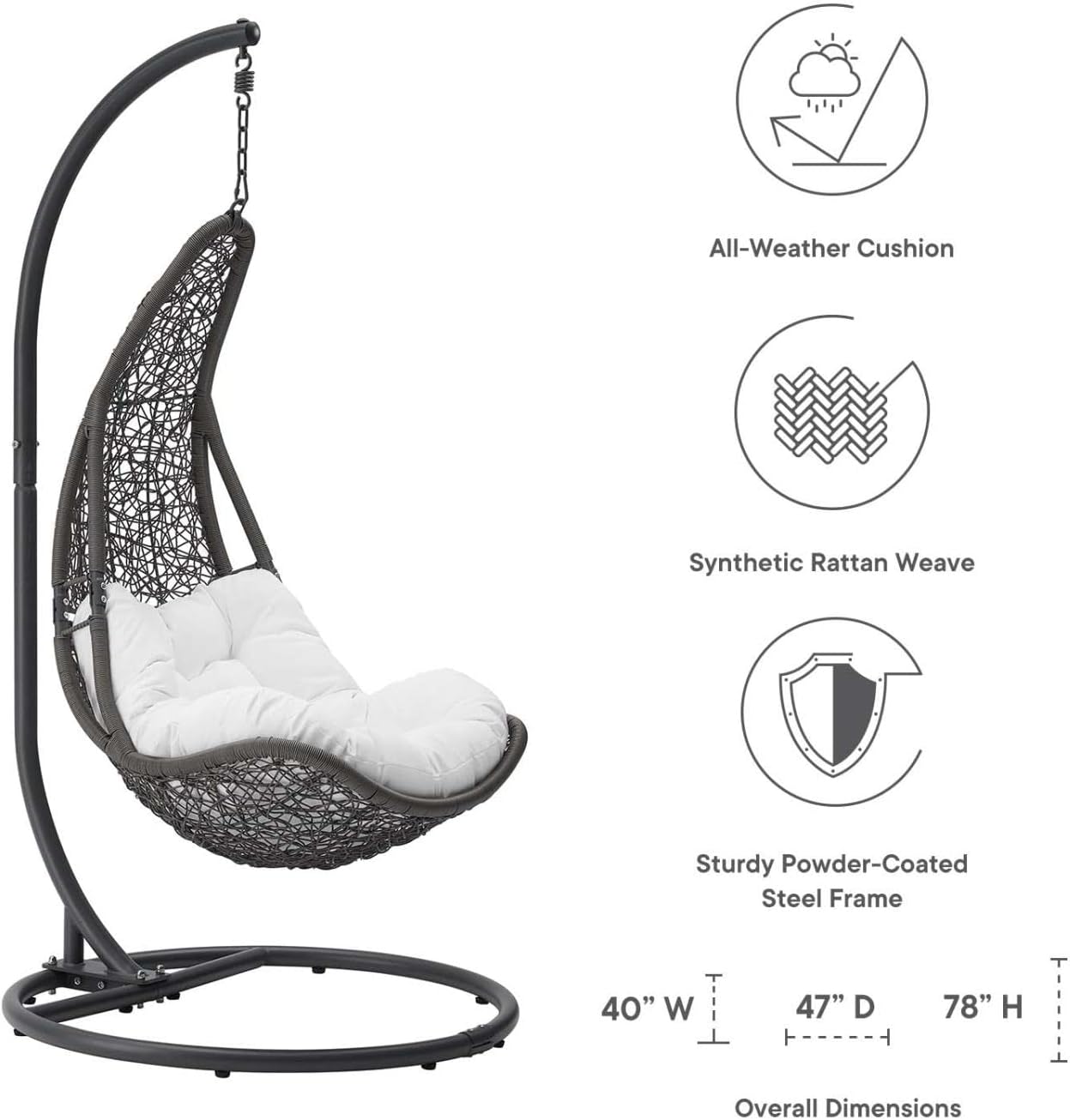 Modway Abate Wicker Rattan Outdoor Patio Porch Lounge Swing Chair Set with Stand in Gray White