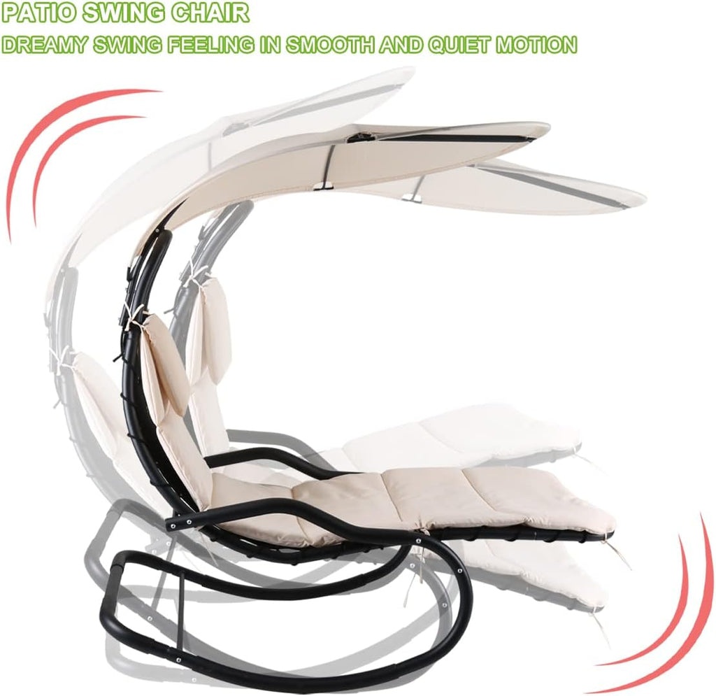 Outdoor Hammock Rocking Chaise Lounge Swing Chair, with Stand and Canopy, Porch Swing w/Soft Cushion Removable Headrest, Outdoor Recliner Rocking Chair for Garden Backyard Poolside (Beige)