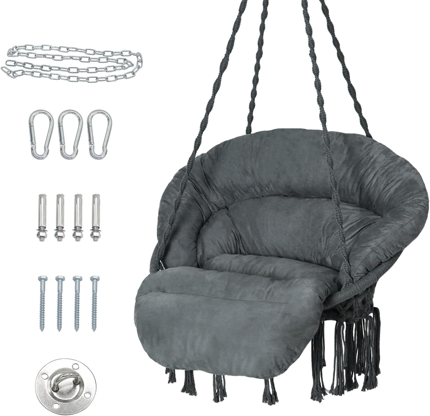 Hammock Chair with Cushion, Handmade Macrame Swing Chair with Hanging Hardware Kits, Bohemian Style Cotton Rope Hanging Chair for Bedroom Indoor Outdoor, Dark Grey