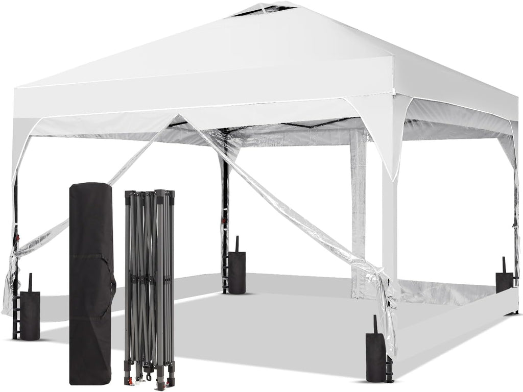 8x8 FT 1-Button Push Pop Up Canopy with 4 Clear PVC Sidewalls, Sandbags, Instant Canopy Tent for Outdoor Events