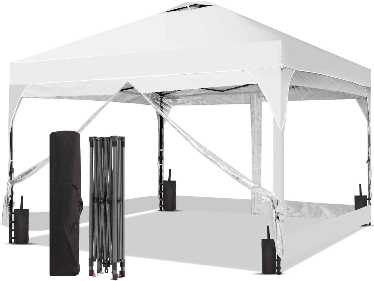 8x8 FT 1-Button Push Pop Up Canopy with 4 Clear PVC Sidewalls, Sandbags, Instant Canopy Tent for Outdoor Events