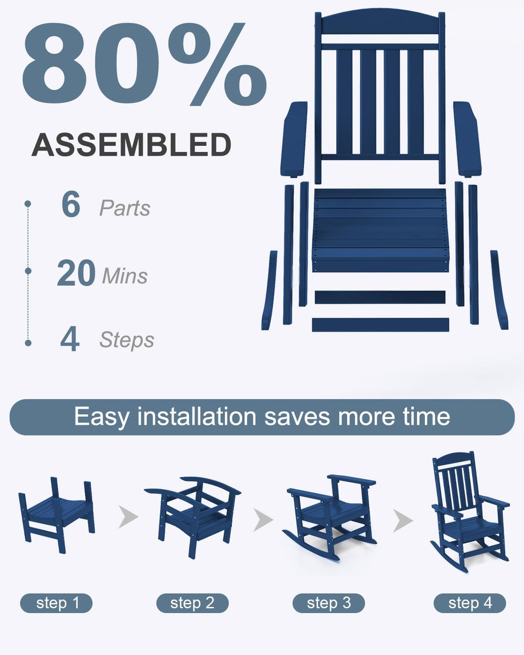 NAVINE Outdoor Rocking Chairs Set of 2, Oversized High Back Patio Rocking Chairs, All Weather Porch Rocking Chairs for Outside. Navy Blue