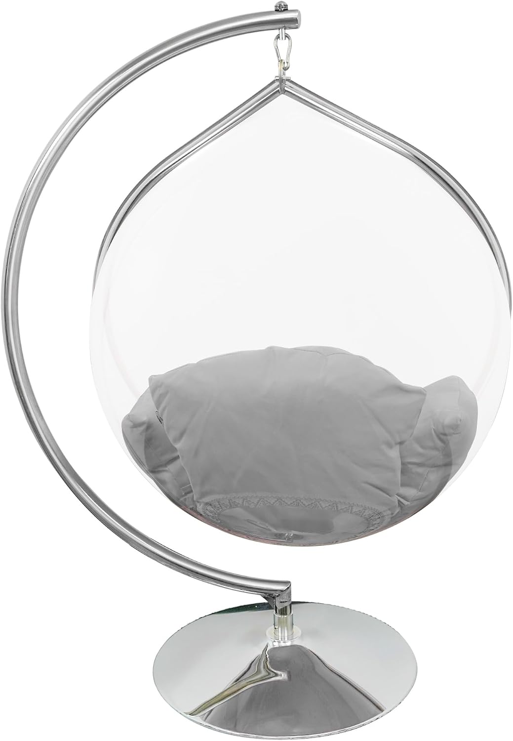 Hanging Chair - Transparent Acrylic Bubble, Waterdrop Shape, Indoor Swing Chair with Gold/Chrome Stand, Durable Fabric Cushion - Luxury Accent for Living Room, Bedroom (Chrome/Gray)