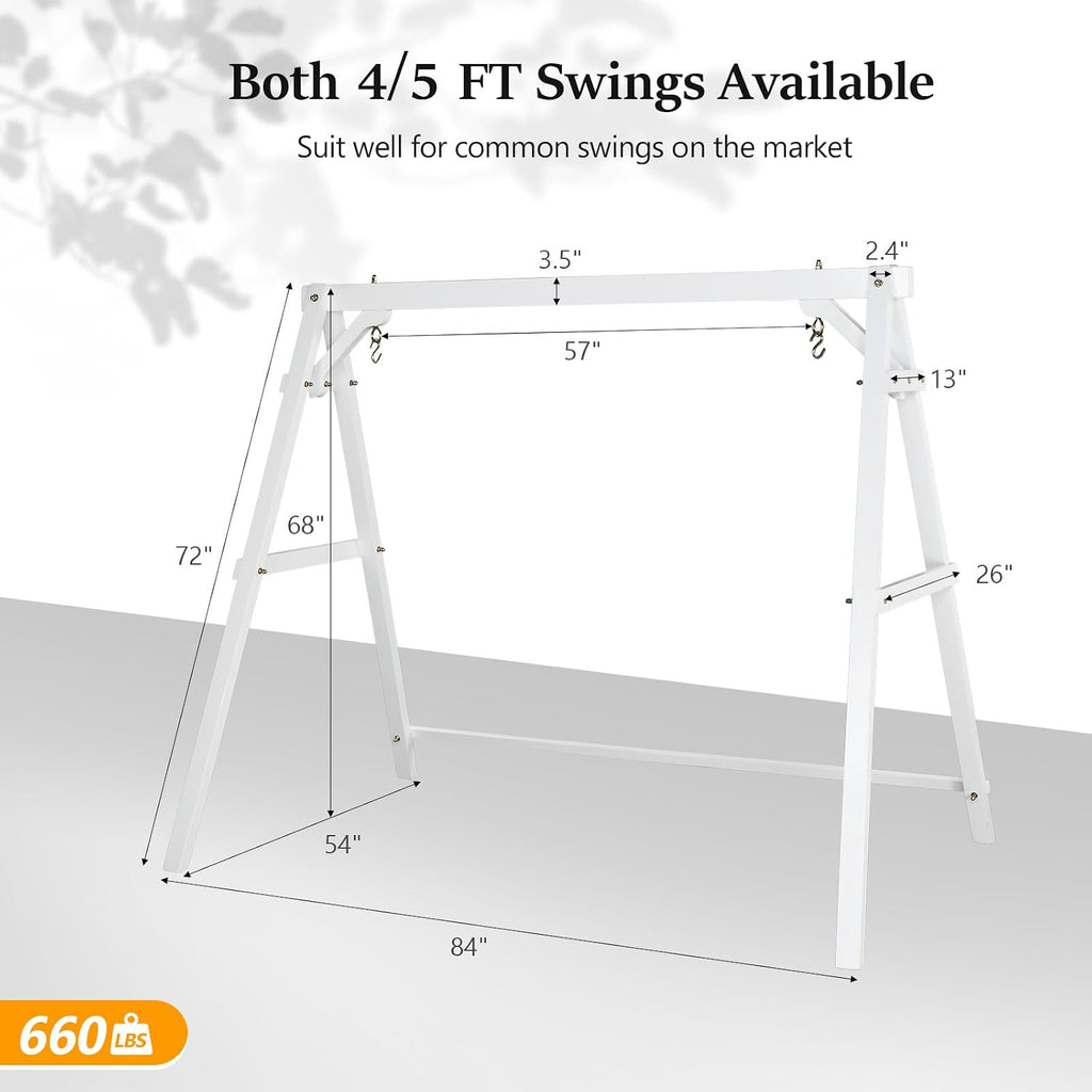 VINGLI 5 FT Outdoor Porch Swing with Frame, Patio Hanging Swing & Stand with Extra Cushions Heavy Duty 880 LBS for Yard, Garden, Pool, Deck, White