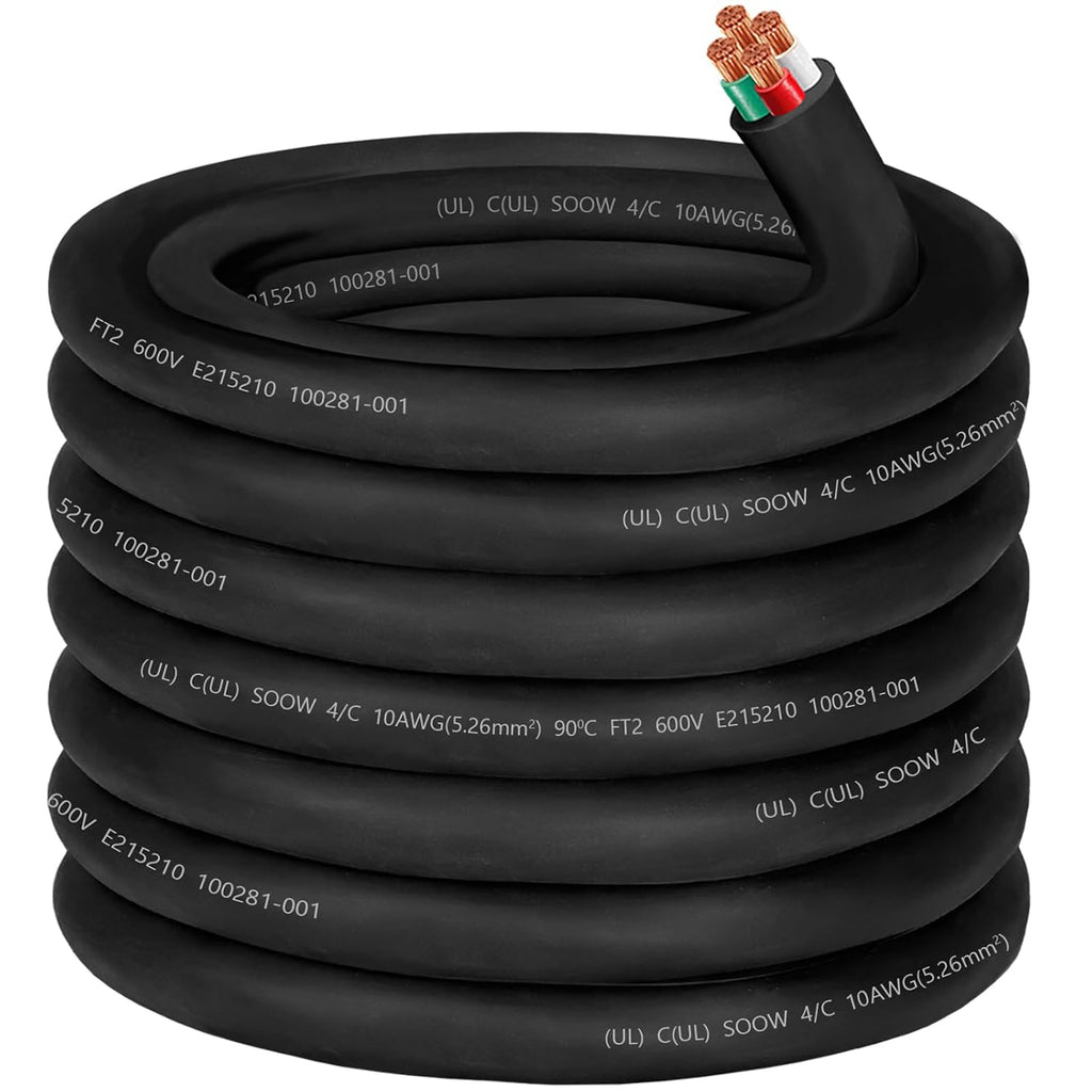 50ft 10/4 Wire 10AWG SOOW Wire 10 Gauge,10/4 Portable Power Cable 10 Gauge 4 Conductor Electric Cable SOOW Extension Cord for NEMA 14-30amp Generator,Welder,Portable Light,EV Car Charger,Motor Lead