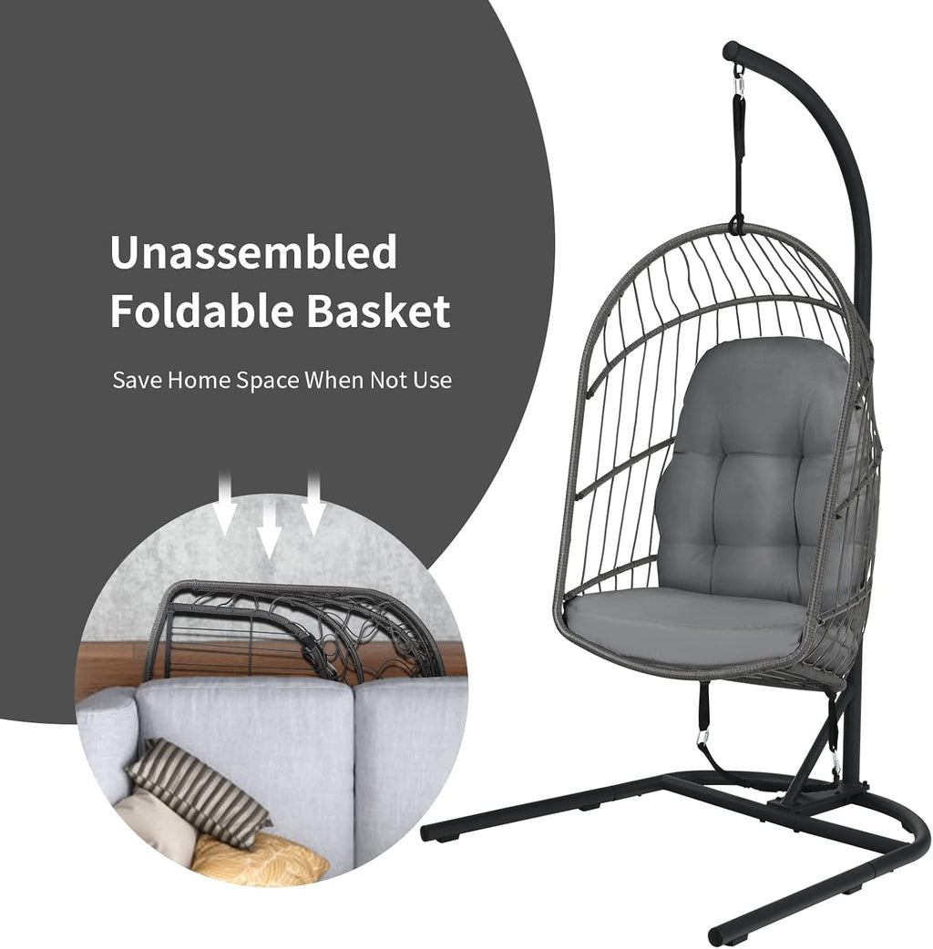 Giantex Hanging Egg Chair with Stand, Outdoor Indoor Foldable Swing Chair with Cushions, Rattan Hanging Basket Chairs with C Hammock Stand, Hanging Hammock Chair for Bedroom Balcony Patio (Grey)