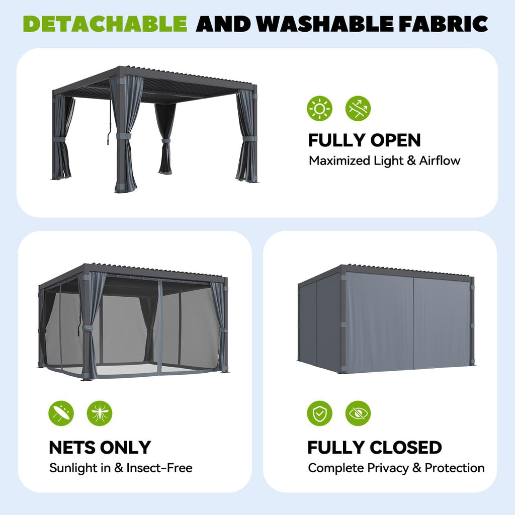 MELLCOM Louvered Pergola 10x12, Outdoor Rustproof Shelter with Adjustable Roof, Steel Aluminum Gazebo with Waterproof Curtains and Netting for Patio Deck, Dark Grey