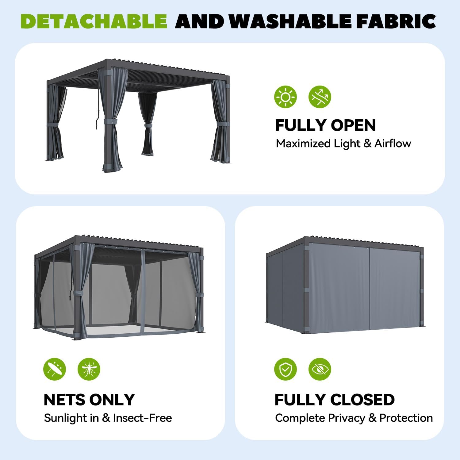 MELLCOM Louvered Pergola 10x12, Outdoor Rustproof Shelter with Adjustable Roof, Steel Aluminum Gazebo with Waterproof Curtains and Netting for Patio Deck, Dark Grey
