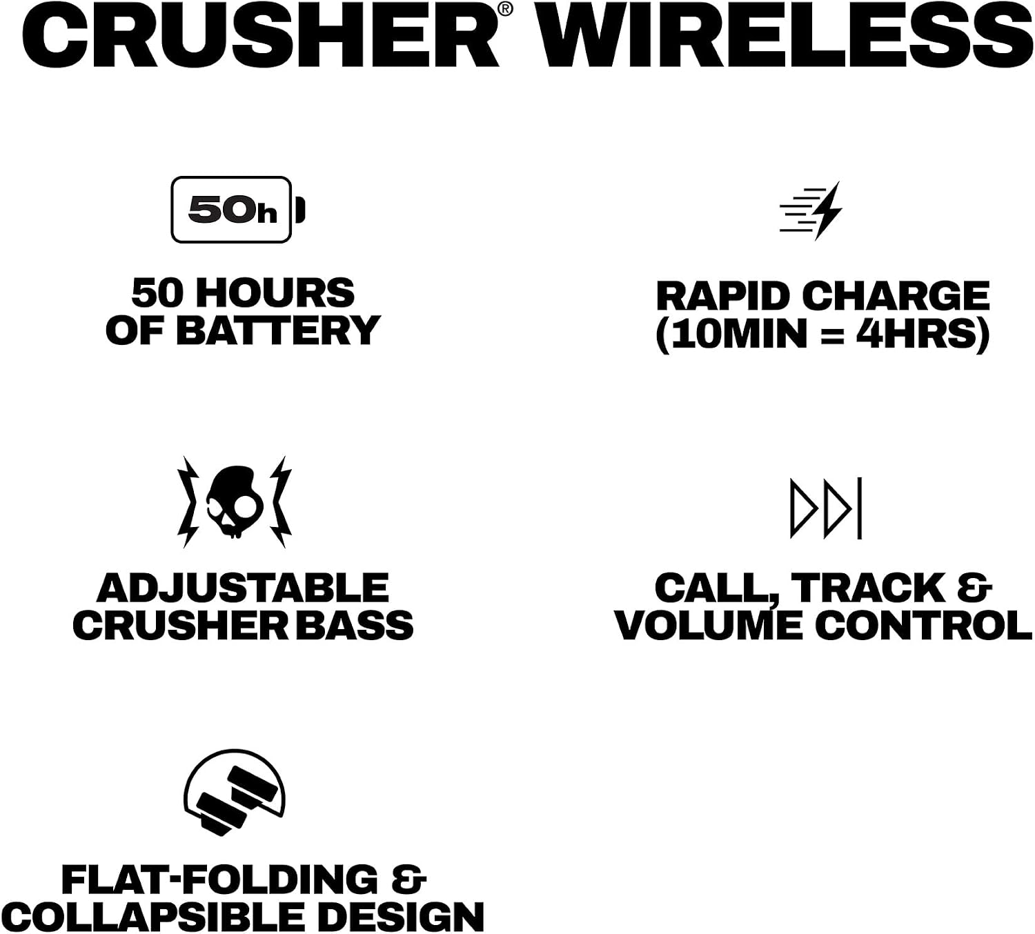 Skullcandy Crusher Wireless Bluetooth Headphones with Multi-Sensory Bass, Noise Isolating Over-Ear Fit, Up to 50 Hours Battery, Microphone for iPhone Android