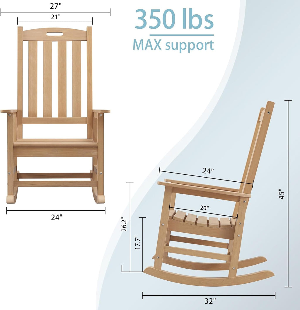 Psilvam Oversized Outdoor Rocking Chair, with 21' Wide Seat and 32' Tall Backrest, Pre-Assembled with Most Components for Effortless Installation (Teak Color)
