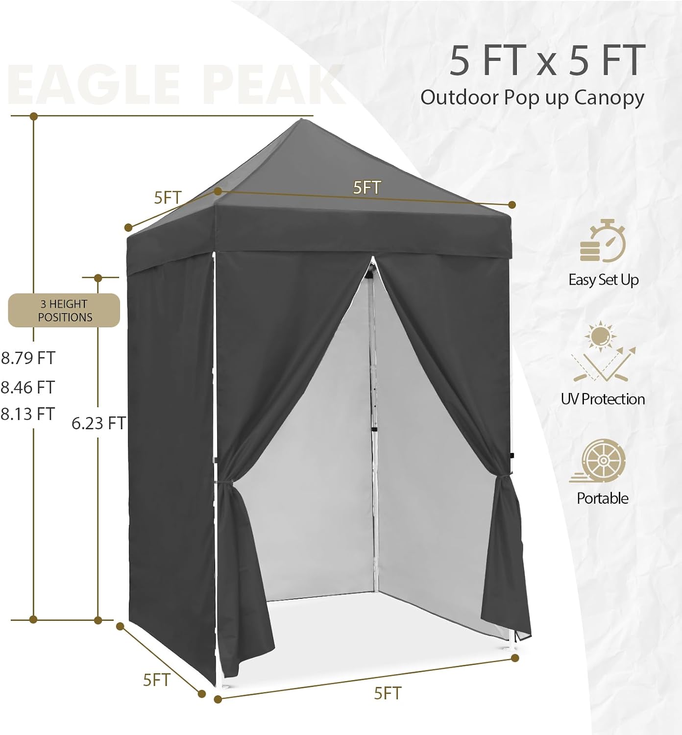 EAGLE PEAK 5x5 Instant Canopy with 4-Side Wall Panels, Small Pop up Portable Canopy Tent with Carry Bag, Light Weight Sun Shelter for Sports, Camping and Beach, Gray