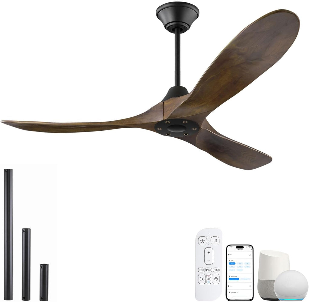 52 Inch Outdoor Ceiling Fan for Patios Damp Rated, Smart Wood 3 Blades Propeller Ceiling Fans No Light Quiet Reversible DC Motor with Large Airflow for Indoor Work with Alexa Voice/Google/App