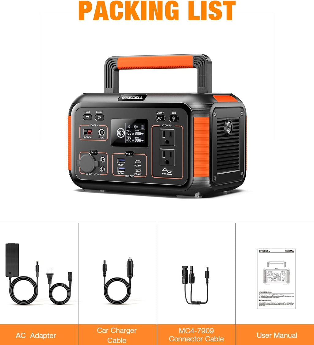 GRECELL Solar Generator 500W Portable Power Station 444Wh Solar Powered Generator 110V (1000W Peak) Pure Sine Wave AC Outlet PD 60W Fast Charge for Camping Outdoor Home Use Emergency Backup Trip RV
