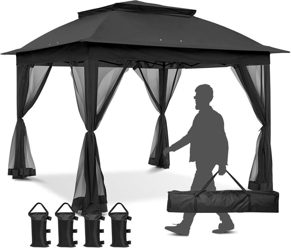 11x11 Pop Up Gazebo Tent with Mesh Netting, Instant Outdoor Canopy with UPF 50+ UV Protection, Water Resistant, Black