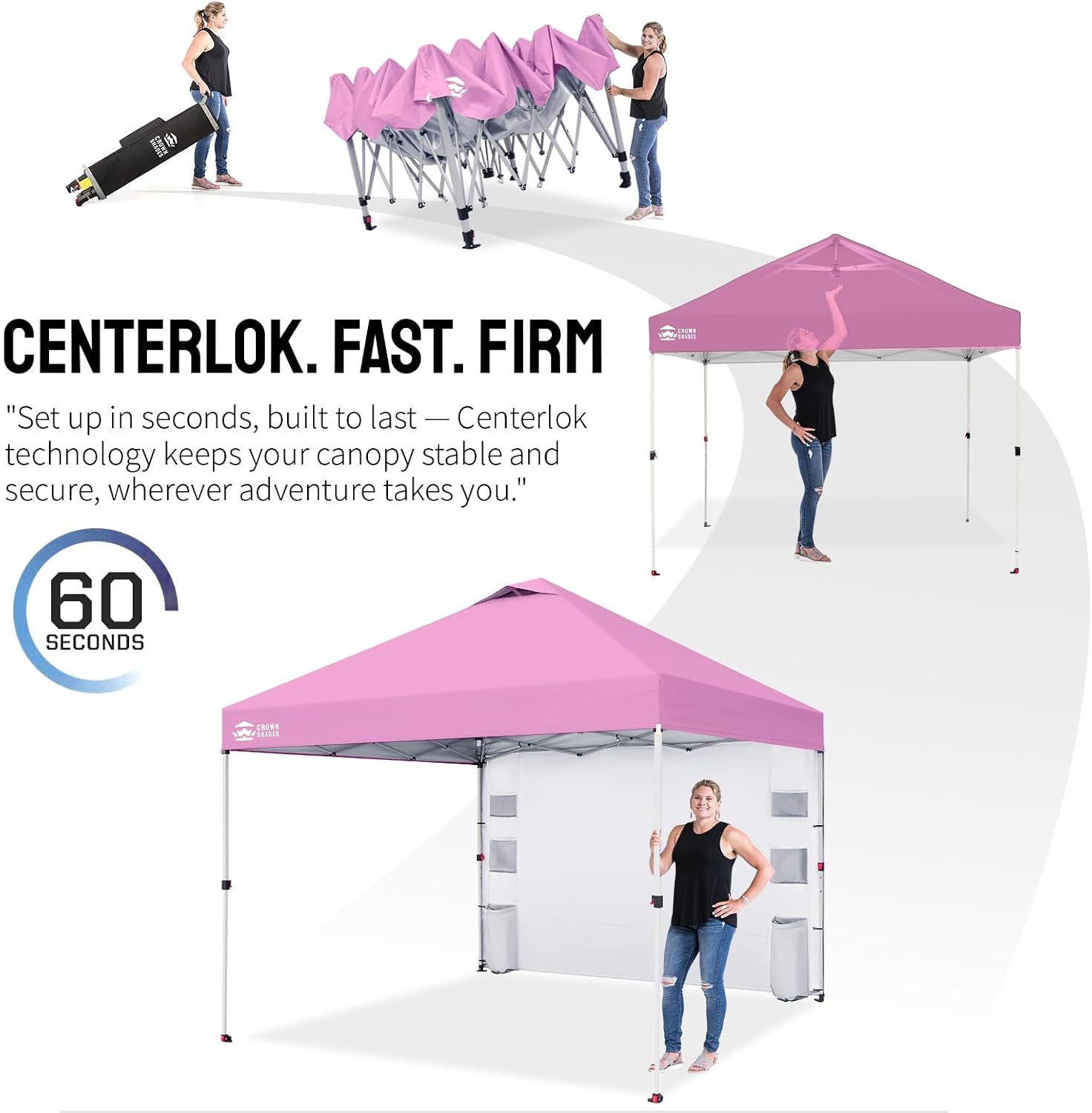 CROWN SHADES Canopy Tent, 10 x 10 Foot Portable Pop Up Outdoor Shelter with Pocket Sidewall, Push Center Lock, UV Protection, and Carry Bag, Pink