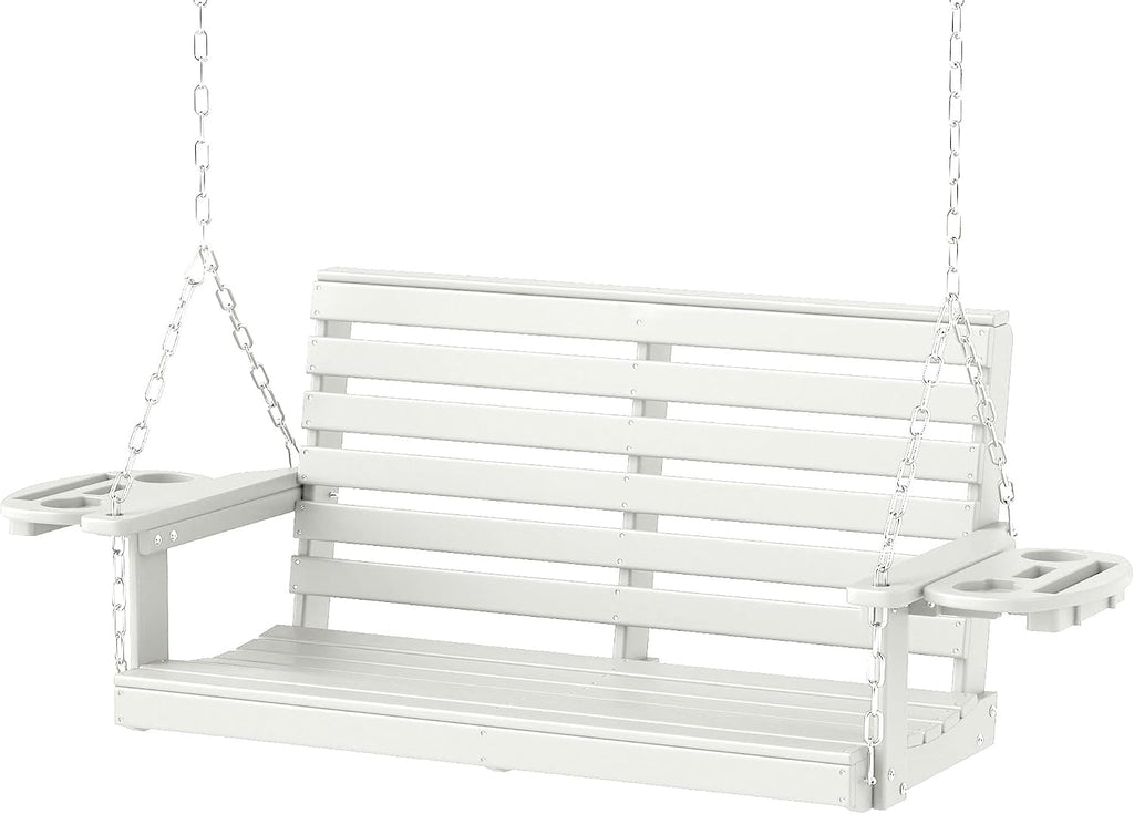 FOOWIN Porch Swing, 4 FT Patio Swing with Cup Holders, Adjustable Hanging Chains, HDPE Outdoor Swing for Patio, Porch, Garden, Yard, Heavy Duty 660 LBS Weight Capacity White