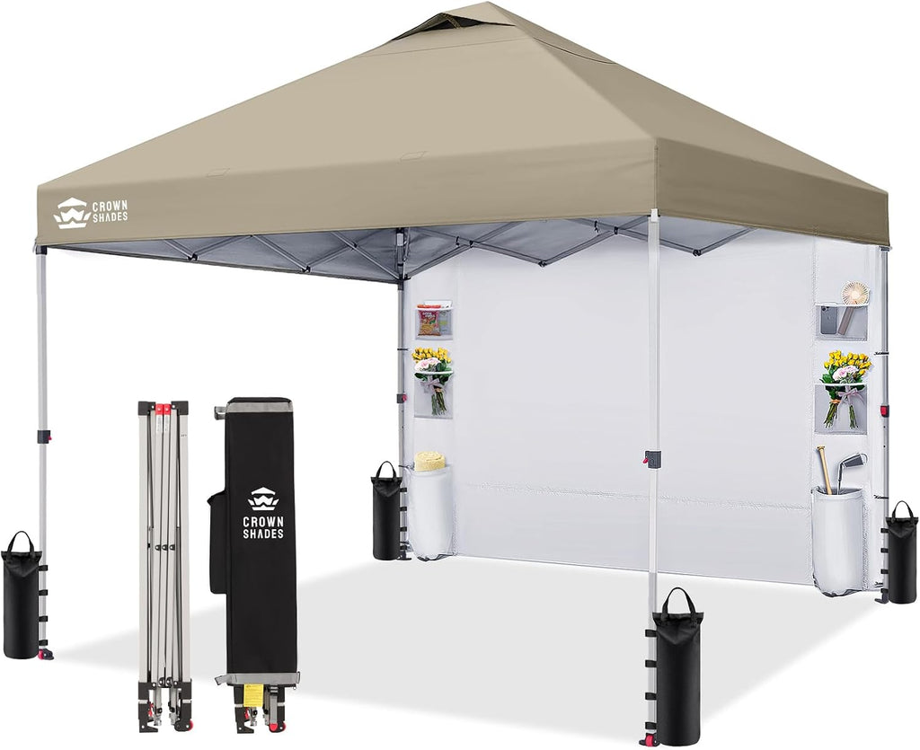 CROWN SHADES Canopy Tent 10x10 Pop Up Canopy Outdoor Shade with Pockets Sidewall, Easy Up Sun Shelter with One Person Set Up Center Lock, Portable Instant Camping Beach Canopy Tents, Beige