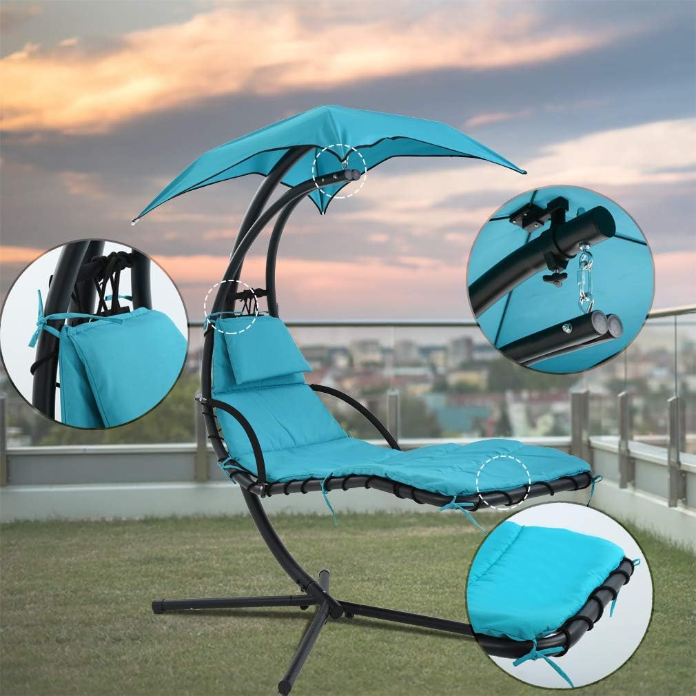 Hammock Chair Hanging Chair Lounge Chairs Outdoor Porch Swing Arc Stand with Canopy Umbrella and Pillow, 280 LBS Capacity, Heavy Duty Large Air Floating Chaise Chair for Patio Backyard Deck - Blue