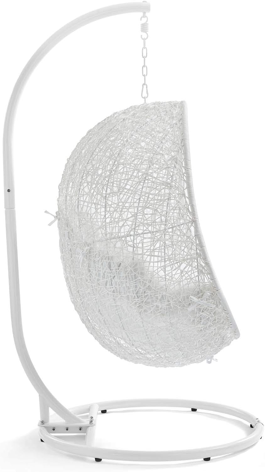 Modway Hide Wicker Rattan Outdoor Patio Porch Lounge Egg Swing Chair Set with Stand in White
