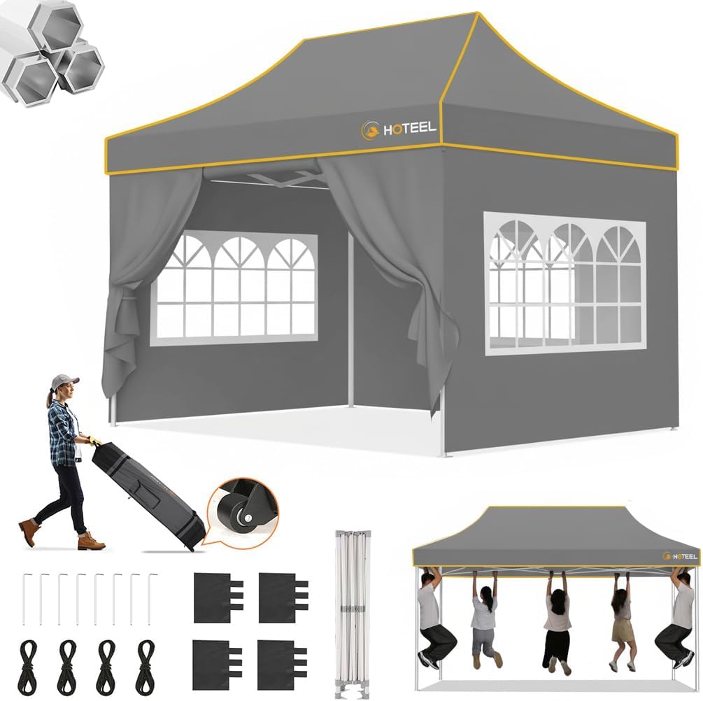Hoteel 10x15 Pop Up Canopy Tent Heavy Duty with 4 Sidewalls, Waterproof Party Tent, Easy Set-up Commercial Instant Tents with Roller Bag & Sandbags, Hexagonal Leg (1-Year Warranty)