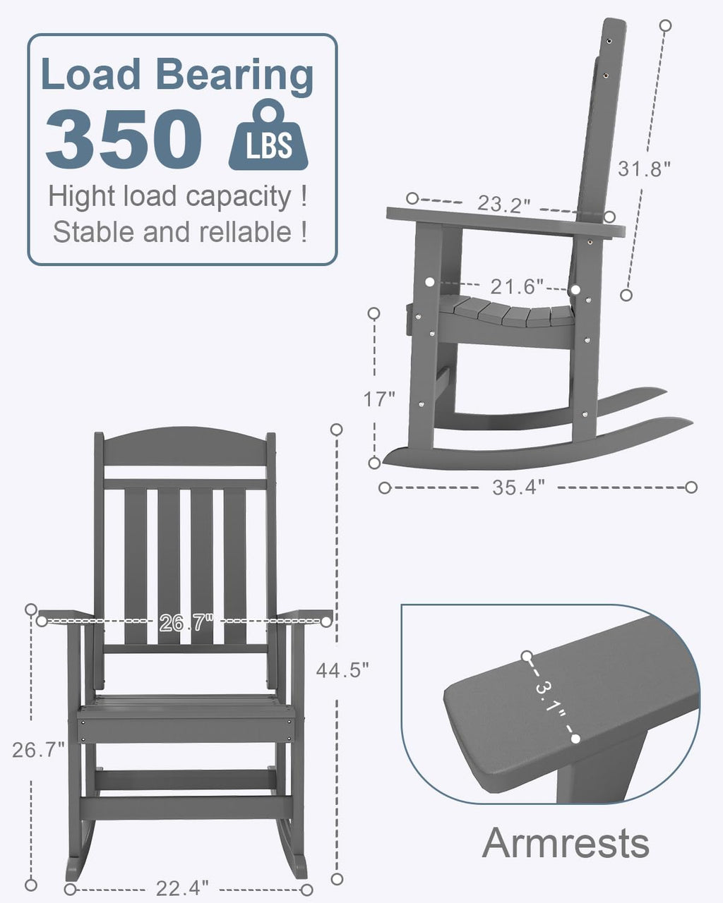 NAVINE Outdoor Rocking Chairs Set of 2, Oversized High Back Patio Rocking Chairs, All Weather Porch Rocking Chairs for Outside. Dark Grey