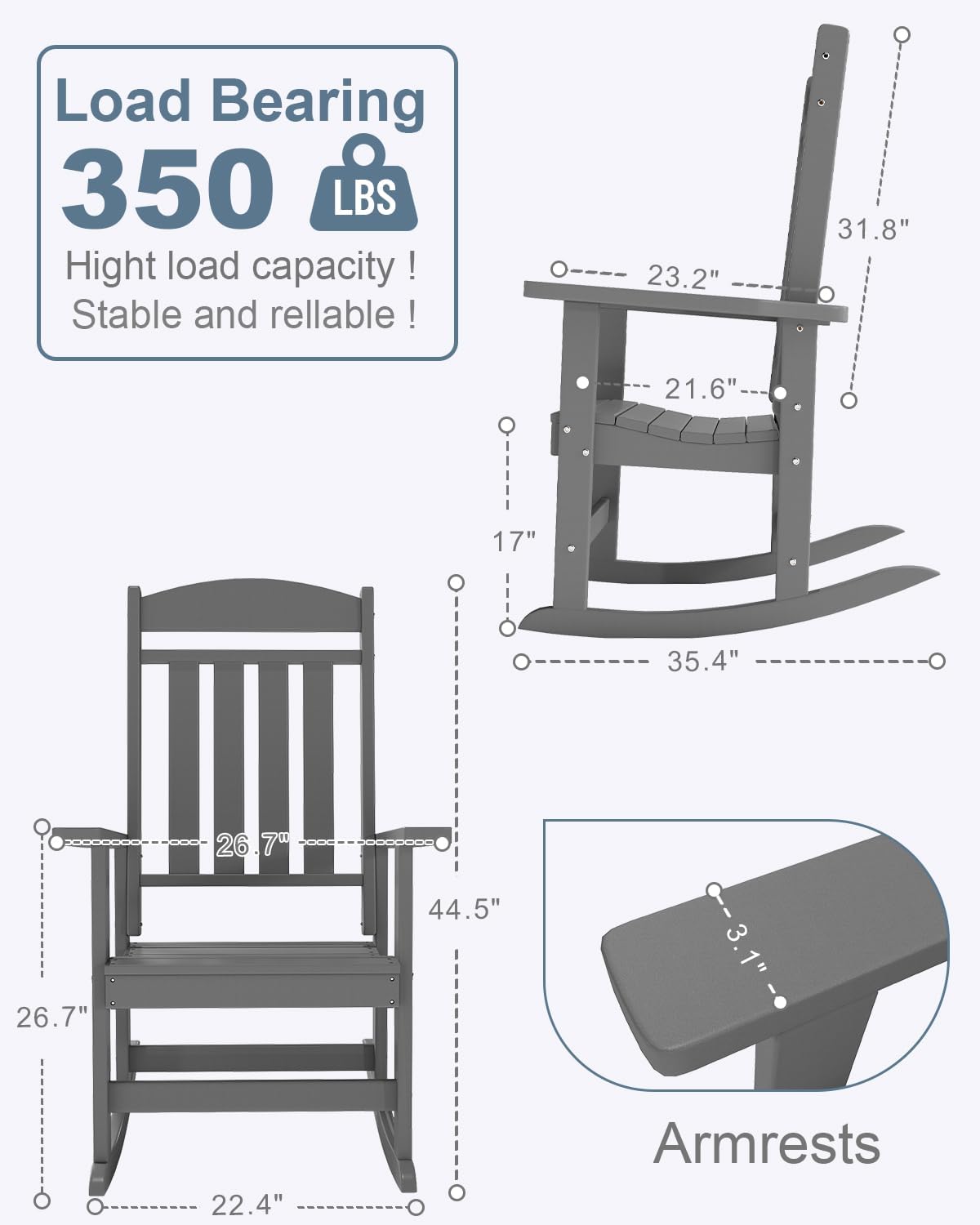 NAVINE Outdoor Rocking Chairs Set of 2, Oversized High Back Patio Rocking Chairs, All Weather Porch Rocking Chairs for Outside. Dark Grey