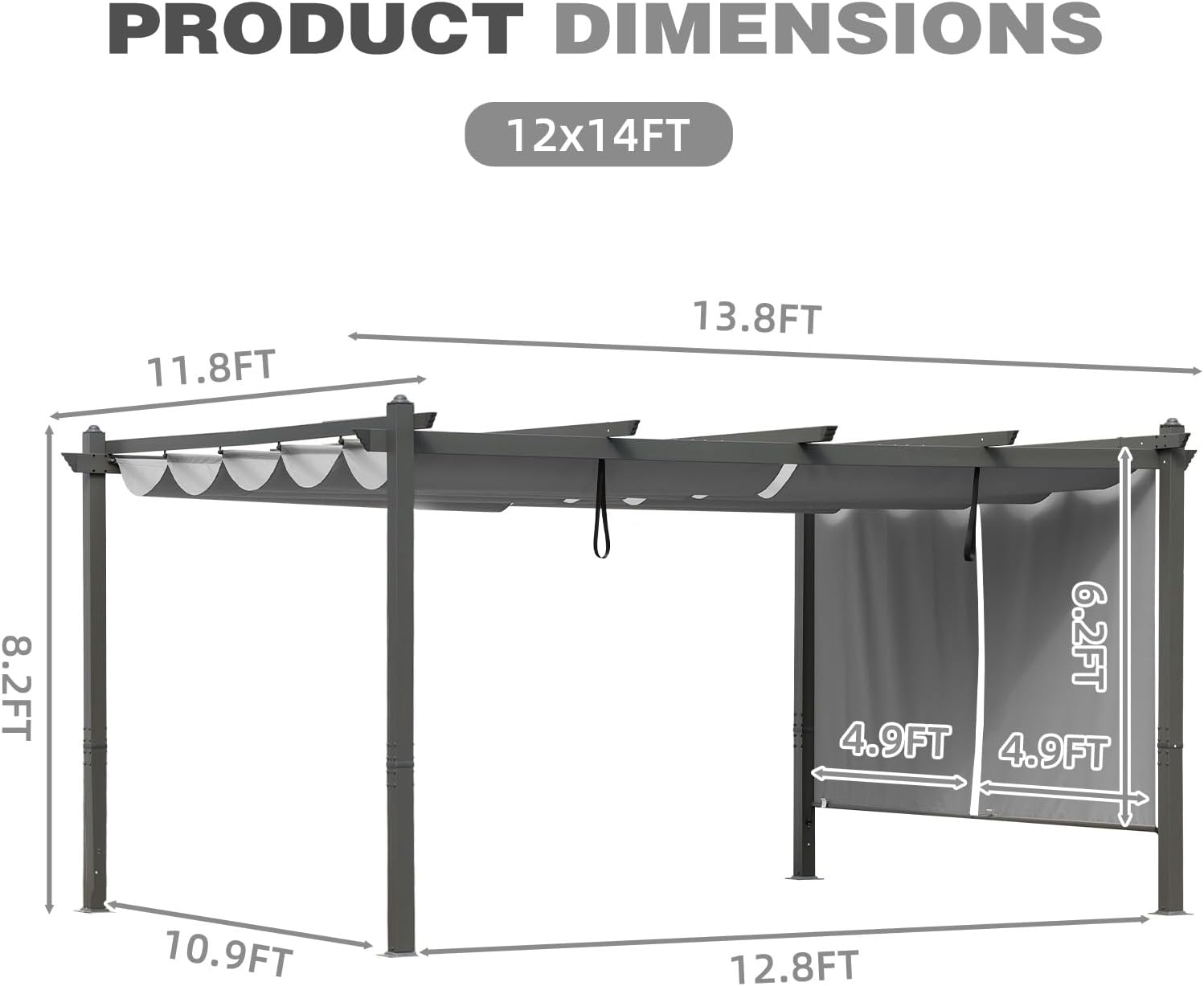 BPS 12x14 FT Outdoor Pergola - Retractable Shade Canopy with Aluminum Frame & Roller Shade Curtains for Patio, Backyard, or Deck, Gray