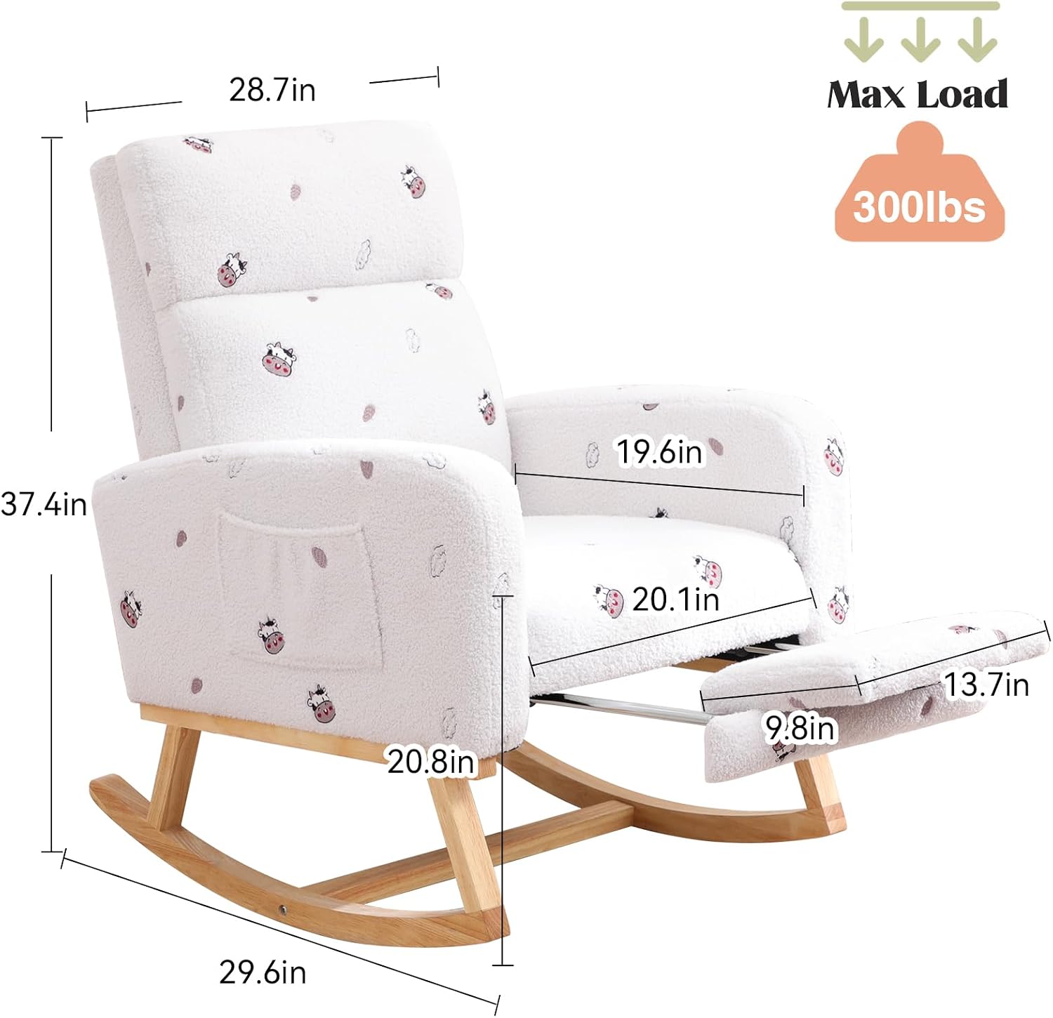 HCHAIRH Rocking Chair Nursery with Foot Rest, Nursing Rocking Chairs for Mom Breastfeeding, Teddy Rocker Glider Chair with High Backrest for Living Room, Bedroom, Cow Printed White