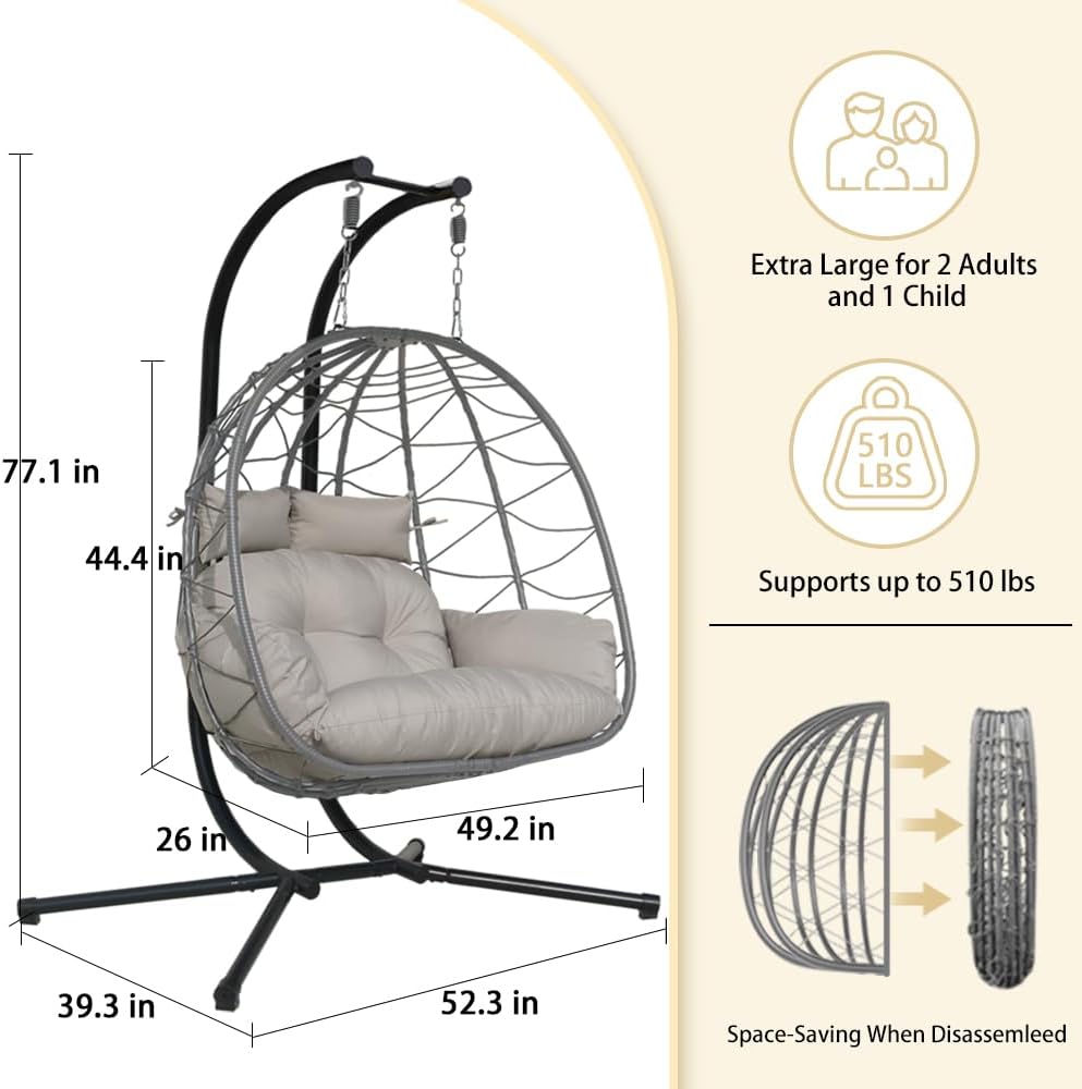Double Egg Chair with Stand Patio Love Seats Chair w/Cushion Outdoor Waterproof Hanging Swing Wicker Rattan Basket (Double Gray)