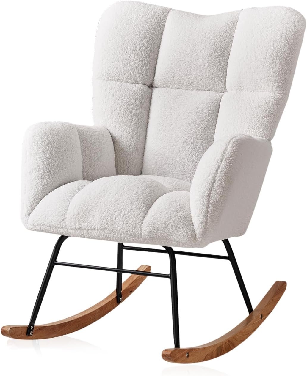 Rocking Chair Nursery, High Backrest Teddy Glider Rocker Upholstered Rocker Recliner Modern Rocking Accent Chairs for Bedroom, Living Room, Offices (Ivory)