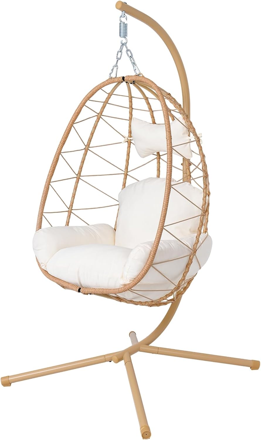 Egg Chair with Stand, Wicker Hanging Chair for Outdoor Patio, Cushioned Hammock Swing for Bedroom Garden Indoor/Outdoor, Double-Zipper Structure Hanging Egg Chair (Yellow Frame and White Cushion)
